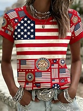  Dia da Independência Americana Mulheres Camiseta Imprimir Gráfico Bandeira americana Vintage à moda Clássico Manga Curta Gola Redonda Tops regulares Diário Azul Amarelo Vermelho Verão Primavera