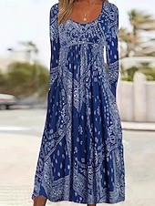 abordables Robes Floraux Imprimés-Femmes Robe Midi Robe Décontractée Élégant Mode Moderne Extérieur Vacances Sortir Coupe régulière Uni manche longue Col ras du cou Bleu Rouge Gris Été Printemps