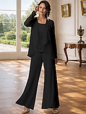 abordables Trajes de pantalón de mamá-Traje de pantalón Traje de 3 piezas Hasta el Suelo Vestido de Madrina Sin Mangas Barco de cuello Elegante Talla Grande Bolero incluido Formal Invitado a la boda Gasa con Encaje