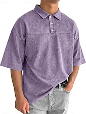 voordelige Klassieke polo voor heren-SoftFade™ Heren Zuurwas Shirt Katoen Polo Shirt Casual Zakelijk Ribbel Polo Kraag Korte Mouwen Mode Basic Effen Kleur Kleurblokken Knopen Gewassen Lente  Herfst Loose Fit Zwart Marineblauw