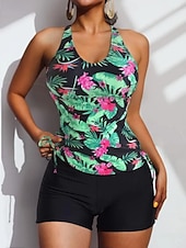 cheap Tankinis-Women's Swimwear Tankini 2 Piece Shorts Swimsuit Tummy Control High Waist Slim Backless Vacation Beach Wear Floral Tropical U Neck Sleeveless Bathing Suits