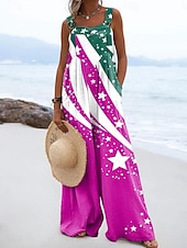 preiswerte Unabhängigkeitstag Hosen-Unabhängigkeitstag Patriotic Damen Latzhose Aktiv Grafik Ärmellos Weite Beinform Quadratischer Ausschnitt Taschen Knöpfe Alltag Strand Lockere Passform Gelb Rot Lila Sommer