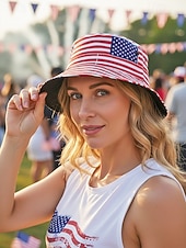  כובע דלי לנשים מפוליאסטר עם הדפס דגל ארה"ב, מושלם לציון 250 שנה לארה"ב, יום העצמאות וללבוש יומיומי קז'ואל