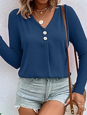 levne jednoduché tričko-Dámské Tričko Tlačítko Přední S texturou Pevná barva Módní Na běžné nošení Dlouhý rukáv Do V Dlouhé topy Denní Jdeme ven Tmavěhnědá Travní zelená Černá Bílá Rubínově červená Jaro Podzim