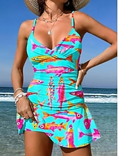 お買い得  タンキニ-女性用 スイムウェア ワンピース スカート 水着 ニット エレガント 旅行度假风 グラフィック 幾何学模様 Ｖネック ノースリーブ 水着