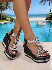 cheap Women-Women's White Butterfly Wedge Sandals - Sparkly Rhinestone Platform Heels for Resort Pool Parties, Tropical Vacations &amp; Summer Glamour