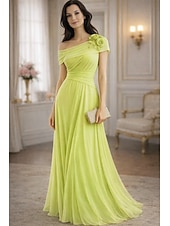 cheap Floor Length-A-Line Dress Floor Length Party Dress Cocktail Dress Wedding Guest Dress Mother of the Bride Dress Short Sleeve Bateau Neck Elegant Vintage Formal Chiffon with Ruched Appliques Flower
