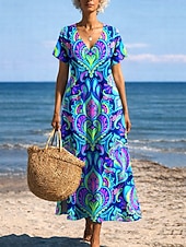 abordables Robes de vacances-Femmes Robe Midi Robe d'Été Robe trapèze Vacances Occasionnel Boho Papillon Plage Coupe régulière Graphique Tribal Manche Courte Col Rond Bleu Bleu Ciel Or noir Noir Été Printemps