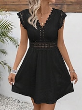 voordelige Witte kanten jurken-Dames Halflange jurk Kanten jurk Witte jurk Jurk met oogjes Elegant Modieus Modern Casual Dagelijks Buiten Normale pasvorm Effen Mouwloos V-hals Zwart Wit Zomer Lente