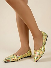 preiswerte Ballerinas für Damen-Gelbe Ballerinas mit Print für Damen – farbenfrohes Punktmuster, spitze Zehenpartie, bequemer Tragekomfort für jeden Tag, ideal für Freizeitaktivitäten, Brunch, Shoppingtouren und Reisen.