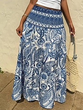 preiswerte Urlaubsröcke-Damen Urlaubsrock Bohemien Vintage Lässig Maxi Hohe Taille Röcke Blumen Druck Mikroelastisch Täglich Straße Blau Sommer