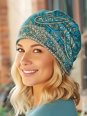 levne Dámské klobouky-Dámská bohémská čepice s paisley vzorem, měkká polyesterová vícebarevná pokrývka hlavy a nákrčník, lehký doplněk ve vintage stylu pro ženy, ideální pro každodenní nošení, dovolenou a cestování