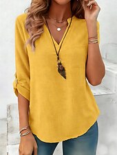 billiga Lyxiga skjortor-Dam Skjorta Linneskjortor i bomull Casual skjorta Blus Slät Stylish Klassisk Modern Långärmad V-hals Vanliga toppar Dagligen Helgdag Utekväll Blå Gul Purpur Grön Kaki Vår Höst