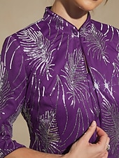  Mulheres Blusa Tops elegantes Tops de noite Paetês Pena Elegante Manga 3/4 Colarinho Mandarim Tops regulares Festa de Noite Traje formal Traje para coquetel Beringela Primavera Outono Inverno