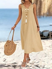voordelige Witte jurk-Dames Halflange jurk Hemdjurk Zomerjurk Casual Dagelijks Ruim Passend Effen Mouwloos V-hals Zwart Wijn Beige Zomer