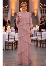 preiswerte Bodenlänge-Schlauchkleid Bodenlang Kleid für Hochzeitsgäste Abendkleid Brautmutterkleid Dreiviertelarm Rundhalsausschnitt Elegant Formell Chiffon mit Rüschen