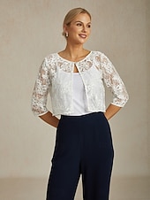 economico Giacche-Per donna Giacca Matrimonio Pizzo Floreale Casual / Quotidiano Elegante Capispalla Manica 3/4 Estate Bianco S