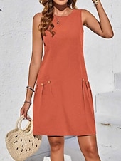 cheap Plain Dress-Women's Midi Faux Cotton Linen  Dress Shift Dress Summer Dress Casual Daily Regular Fit Plain Sleeveless Crew Neck Blue Orange Green Summer