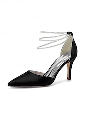 Недорогие Невеста-Женские серебристые атласные туфли на каблуке с острым носком и жемчужными ремешками на щиколотке, элегантные свадебные туфли для пляжной свадьбы.