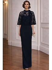 cheap Floor Length-Sheath Column Dress Floor Length Wedding Guest Dress Formal Dresses Evening Gown Mother of the Bride Dress Half Sleeve High Neck Elegant Simple Casual Formal Chiffon Jacquard Shawls with Lace