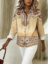 preiswerte Streifen- und geometrische Blusen-Damen Hemd Bluse Patchwork Knöpfe Druck Grafik Geometrisch Karomuster Vintage Tropisch Täglich Langarm V Ausschnitt Hemdkragen Lange Oberteile Täglich Strandbekleidung Urlaubskleidung Blau Schwarz