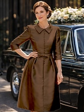 preiswerte Teelänge-Schlauchkleid Knielang Partykleid Cocktailkleid Kleid für Hochzeitsgäste Brautmutterkleid Dreiviertelarm Hemdkragen Elegant Minimalistisch Hochzeitsgast Cocktailparty Formeller Abend Stretch Satin mit