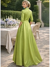 ieftine Lungimea podelei-Linia -A Lungime Podea Rochii Tip Cămașă Rochie pentru invitata de nunta Rochie formala Rochie Mama Miresei Manșon Lung Guler Cămașă Elegant Epocă Nuntă Oficial Satin cu Imprimeu Floral