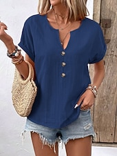 abordables Camiseta lisa-Mujer Camiseta Camiseta superior Botones del pecho Plano Moda Elegante Clásico Manga Corta Escote en Pico Tops regulares Diario Noche Fin de semana Negro Blanco Rojo Azul Marino Naranja Verano