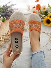 economico Zoccoli e pianelle da donna-muli ricamati bohémien arancioni da donna - slip-on etniche in tela di lino per picnic estivi, vacanze &amp;passeggiate in spiaggia
