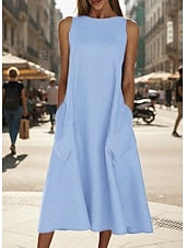 Недорогие Белые повседневные платья-женское платье миди без рукавов карманы повседневный силуэт А-силуэт круглый вырез белый летний универсальный стандартный крой удобный легкий дышащий одежда одежда