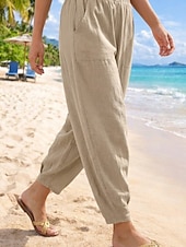 abordables Bas-Femmes Pantalon d'été 100% Coton Pantalons Amples Pantalon sarouel Confort Longueur cheville Naturel Couleur Unie Avec Poches Taille Élastique Décontracté Kaki Noir Blanche Vert Véronèse Ét