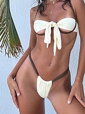 levne Sady bikin-Dámské Plavky Bikiny 2 ks Tanga Plavky Volná záda prázdniny Oblečení na pláž Barevné bloky Bez ramínek Bez rukávů Plavky