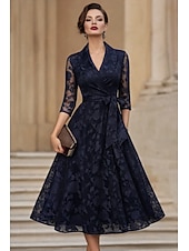 cheap Tea Length-A-Line Tea Length Blazer Dress Formal Dresses Mother of the Bride Dress Long Sleeve Shirt Collar Elegant Vintage Formal Wedding Guest Kentucky Derby Chiffon Satin Jacquard with Bow(s) Pleats Flower