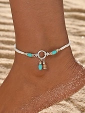 baratos Pulseira Feminina-Pulseira de tornozelo feminina estilo boêmio com miçangas coloridas de resina e pingente charmoso. Leve e prática, ideal para usar no dia a dia, em férias, resorts e no verão.