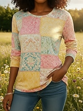 economico Bluse Floreali-Per donna Camicia Boho Maglietta Stampato Floreale Grafico Bohemien Vintage Classico Manica Lunga Girocollo Top Regolari Quotidiano Weekend Abbigliamento da vacanza Giallo Estate Primavera Autunno