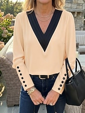 economico Bluse Semplici-Per donna Blusa Bottoni Blocco di colori Elegante Moderno Manica Lunga Manica a Lanterna Scollo a V Lavoro Bianco Rosa Rosso Beige Primavera Autunno