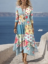 cheap Floral Dress-Women's Midi Dress Shift Dress Casual Daily Holiday Regular Fit Floral Graphic Long Sleeve Crew Neck Blue Pink Green Summer Spring
