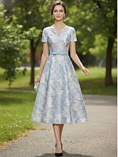 economico Abiti da cocktail-Linea ad A Lunghezza Tè Abito Formale Abiti da Cocktail Elegante Manica Corta Scollo a V Matrimonio Formale Jacquard con Fiocco/Fiocchi