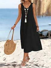 voordelige Witte jurk-Dames Halflange jurk Hemdjurk Zomerjurk Casual Dagelijks Ruim Passend Effen Mouwloos V-hals Zwart Wijn Beige Zomer