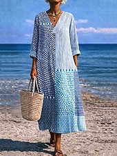 cheap Vacation Dresses-Women's Midi Dress V Neck Long Sleeve Kaftan Lightweight Loose Fit A Line Dress Casual Boho Going out Graphic Geometric Stripe Long Sleeve V Neck Orange red Black Yellow Pink