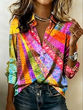  Femmes Chemise Chemise en satin Imprimé Graphique Bloc de Couleur Bohème ancien Élégant manche longue Col de chemise Hauts Réguliers Quotidien Fête Sortir Jaune Arc-en-ciel Été Printemps Automne