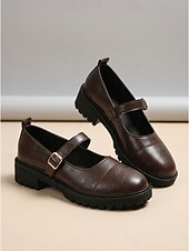 baratos Sapatilhas de mulher-Sapatilhas Mary Jane pretas femininas - sapatos casuais de bico redondo para caminhada com sola tratorada robusta &amp;Alça ajustável com fivela para uso diário e escolar. &amp; escritório