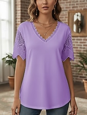 preiswerte Spitzenoberteile-Damen Hemd Bluse Spitzentops Patchwork Spitzenbesatz Einfach Bohemien Stilvoll Lässig Kurzarm V Ausschnitt Normale Oberteile Täglich Ferien Ausgehen Weiß Rosa Purpur Leicht Blau Sommer Frühling