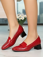 billiga Lätta damskor-mörkgröna krokodilpräglade loafers för kvinnor - eleganta pumps med fyrkantig tå och blockklack för dagligt arbete, kontor, business casual &amp;professionella kläder