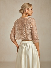 お買い得  レーストップ-女性用 ジャケット パーティー レース フラワー カジュアル／普段着 エレガント レギュラー アウターウェア 七分袖 夏 シャンパン S