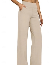 cheap Wide Leg &amp; High Waisted-Women's Trousers Casual Pants Straight Fashion Streetwear Basic Full Length High Waist Plain Pocket Elastic Waist Comfort Micro-elastic Daily Vacation Street Blue Black White Almond Spring Fall Loose