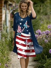  Amerikanischer Unabhängigkeitstag Damenkleid, elegantes A-Linien-Kleid mit grafischem Flaggenprint, Lagenmuster, Midikleid mit halben Ärmeln und Rundhalsausschnitt, ideal für den Alltag, in Blau, Rot