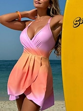 preiswerte Schwimmresse-Damen Badeanzug Einteiler Badeanzugkleid Bademode Bauchkontrolle Hohe Taille Schlank Rückenfrei Elegant Urlaub Ombre V Ausschnitt Ärmellos Badeanzüge