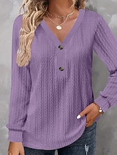 cheap Plain Blouses-Women's Tunic Popover Shirt Casual Shirt Blouse Buttons Solid Color Vacation Vintage Stylish Long Sleeve V Neck Regular Tops Daily Outdoor Holiday Blue Black White Red Purple Spring Fall