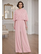 cheap Mom's Jumpsuits-Sheath Column Jumpsuit Pantsuit Floor Length Mother of the Bride Dress Half Sleeve Crew Neck Elegant Simple Casual Formal Wedding Guest Wedding Party Chiffon Shawls with 3D Flowers Beading Appliques